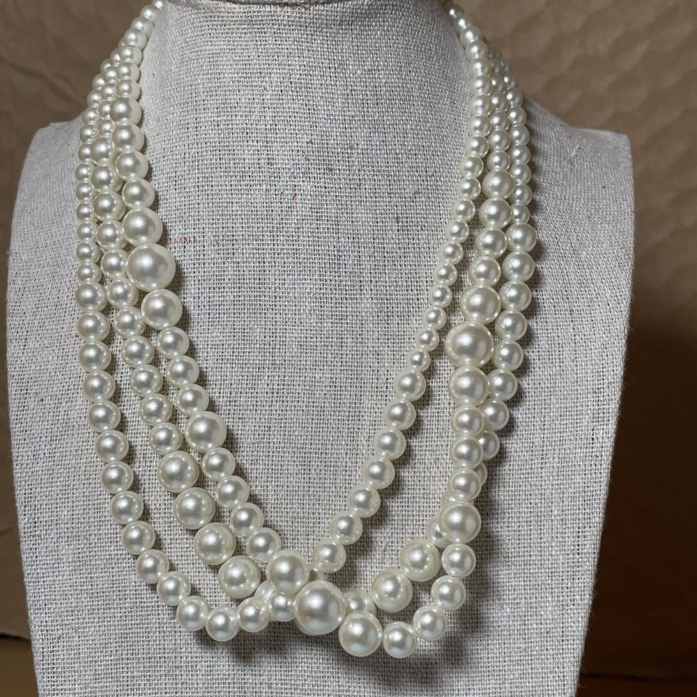 Beaded White Faux Pearl Multi 3-Strand Beaded Necklace 16.5” L + 3” ext